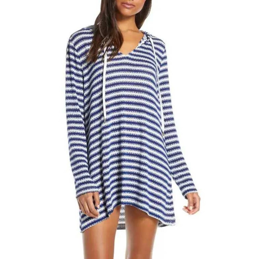 La Blanca Slouchy Hooded Sweater Cover-Up Tunic Womens XS‎ Blue Striped Knit